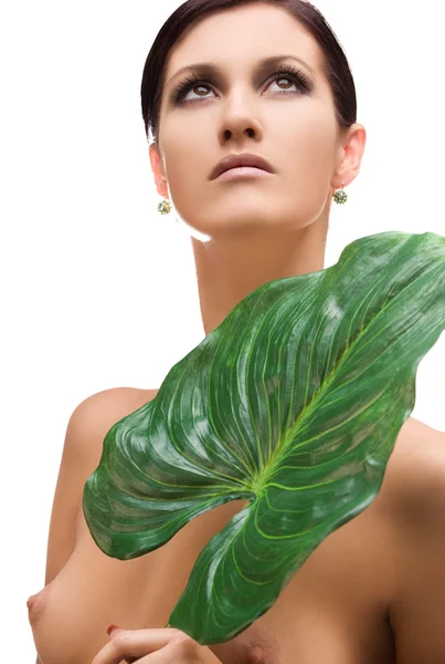 stock image Woman with green leaf