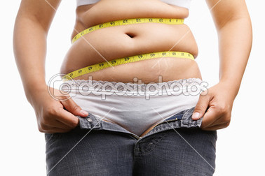 Fat woman holding her unzip jeans clipart